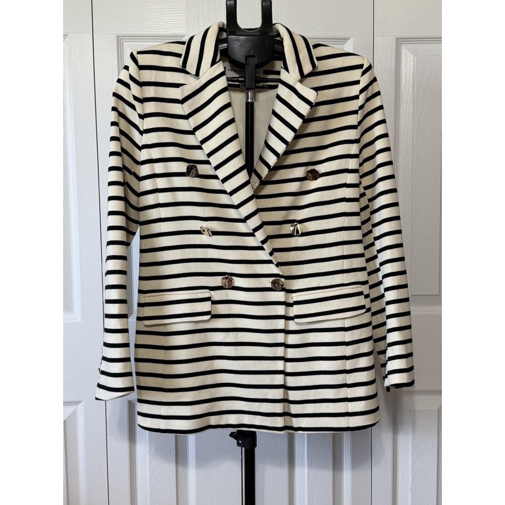 English Factory Womens Blazer Jacket Medium Cream Black Striped Double Breasted - Picture 1 of 9